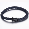 Men's braided leather bracelet in dark blue with a black cylindrical magnetic clasp - Navy Blue