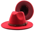 Detail of red fedora hat with brown leather band featuring silver metal buckle and rivets - M(56-58cm) / Red+Wine Red