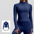 Slim fit women's striped sports jacket with stand collar and thumb holes in Whale Blue - Whale Blue
