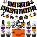 Set decorazioni Halloween Happy Birthday con gnomi fantasma, topper e striscione - Set 3 (Combo Banner Compleanno Halloween + Topper)