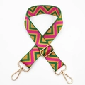 Ethnic woven shoulder strap with pink and green geometric V-patterns and gold hardware - Rose Pink Green Brown Triangle
