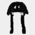 Cute black plush monster hat with large eyes and long ear flaps for women warmth - Black