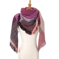 Pink and purple large plaid triangle scarf with fringe tassels on a mannequin display - 135x135x200cm / SJ-37# Rose Pink