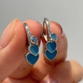 French style silver earrings with three blue enamel hearts in a tiered drop design - Blue Heart Pendant Style (EH0059)