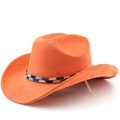 Detail of orange suede cowboy hat featuring colorful beaded trim and adjustable chin strap - Orange
