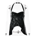 Detail eines schwarzen Leder-Halter-Tops mit asymmetrischem Saum und rückenfreiem Design - S / Schwarz
