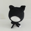 Close-up of black plush winter hat with cat ears and tie straps for infants - 10 Months - 2 Years / Black