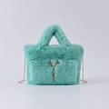 Elegant mint green faux rabbit fur handbag with gold deer charm and chain strap - Light Lake Blue