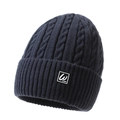 Bonnet d'hiver en tricot torsadé bleu marine foncé avec écusson logo et doublure - gris foncé