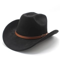 Détail d'un chapeau de cowboy noir en suède avec bande en cuir marron et bord incurvé - M (56-59cm) / Noir (Daim)