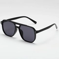 Classic black pilot sunglasses with double bridge and silver metal rivet accents - Black Frame Grey Lens