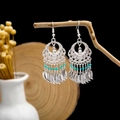 Bohemian silver drop earrings with turquoise beads and dangling leaf charms - Leaf Tassel Cyan Beads Style (E6047-03/Blue)