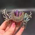 Handheld crystal hair comb with rainbow quartz and metal moon branch design - Multicolor + Branch + Moon