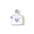 White enamel heart envelope charm with purple accents and silver plating for DIY jewelry - Purple Silver Plated