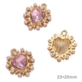 Y2K gold heart pendants with pink crystal and small pearls, set of three, 23x20mm size - Pearl Heart Gold Pink Rhinestone