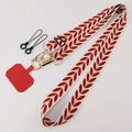 Adjustable crossbody phone strap with red wheat embroidery, pearl charm and gold hooks - Vine Leaf Pearl Lanyard + Red Patch / Red