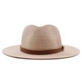 Detailed close-up of woven panama straw hat with brown leather band and metal buckle - M(56-58cm) / Pink