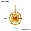Golden titanium steel pendant with sunburst texture and center orange natural stone - Orange Stone (WP37026B8)