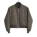 Classic army green bomber jacket with ribbed trim and sleeve pocket on white background - XS / Dark Brown