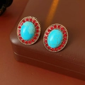 Detailed close-up of vintage resin earrings with turquoise center and red stones - Retro Red & Blue Contrast Studs / 28# Silver Pin-Gold-Red-Blue