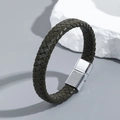 Green leather braided multi-layer bracelet with silver titanium magnetic clasp - Olive Green