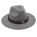 Detail of silver bull head buckle on grey felt fedora hat with studded leather band - Light Gray