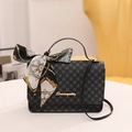 Classic black monogram printed square handbag with a decorative silk scarf and gold logo - Black