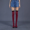 Detail of red and black striped over-the-knee socks showing stretch knit fabric fit - Rose Red Black Thin Striped