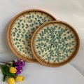 Set of two handmade rattan trays with blue shell leaf mosaic inlay for home storage - Wicker Blue Leaf / 2-Piece Set