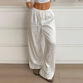 Detail of high-waist white wide-leg trousers with satin jacquard leopard print and drawstring - S / White