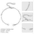 Silver paperclip chain bracelet in stainless steel with lobster clasp and extender - Box Chain / Steel