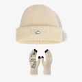 Winter knitted beanie and touch screen gloves set in cream white with sport patch - Beige (2-Piece Set)