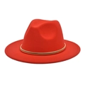 Close-up of a red wool felt jazz fedora with a decorative slim gold metal hatband - M (56-58cm) / Orange Red