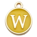 Golden round pendant with yellow enamel and white letter W for DIY jewelry making - Letter W Style / 1 Piece (12x14mm) / Yellow