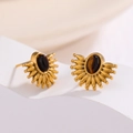 Vintage gold sunburst earrings with oval tiger eye stone on white geometric stand - Gold with Brown Stone (ER039-GA)