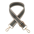 Close-up of grey and white diagonal striped bag strap with gold metal hooks and buckle - Medium Grey