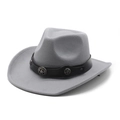 Détail du chapeau de cowboy en feutre gris avec bandeau en cuir et rivets étoiles - M (56-58cm) / Poche zippée