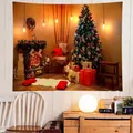 Detail of Christmas tapestry featuring a cozy fireplace, lit tree and red gift boxes - 300x180cm / SD300-Cozy Fireplace Christmas Tree