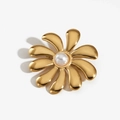 Golden flower brooch featuring ten petals and a white imitation pearl center - 316 Stainless Steel / Golden 10-Petal Radiating Pearl Flower (KX009) / Gold