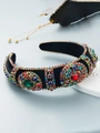 Baroque black velvet headband featuring colorful crystals and vibrant large gemstones - Black Large Colorful Gemstone Style