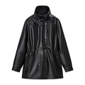 Women's chic black PU leather jacket with high neck and drawstring waist design - S / Black