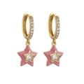 Pink enamel star earrings with cubic zirconia inlay in gold finish on white background - Pink