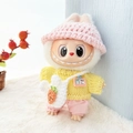 Pink crochet hat with yellow sweater and carrot bag for Labubu doll student outfit - Light Pink Pants + Japanese Handmade Pink And Yellow Three-piece Set / First And Second Generation Keychains Are Compatible With La Cloth Dolls. Dolls Not Included.
