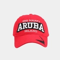 Detail of red cotton golf cap with ONE HAPPY ARUBA ISLAND embroidery and shark motif - Adjustable / Red