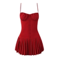 Rotes ärmelloses Faltenkleid mit Knopfleiste und tailliertem Design für Damen - S / Burgunderrot