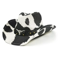 Détail d'un chapeau de cowboy tissé avec imprimé vache, bande en cuir et boucle taureau - M / Blanc + Noir (Imprimé Vache)