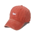 Close-up of small white dog embroidery on a vintage washed brick red baseball cap - 58cm / Orange