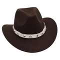 Detail of dark brown felt cowboy hat with white band, faux pearls and silver studs - Coffee
