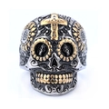 Vintage punk pirate skull ring in aged silver with a golden cross relief and sun eye detail - US Size 8 / Dual-Tone Cross Skull Style (06101)