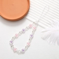 Pink and purple flower beaded phone charm with transparent round beads on white texture - Clear Flower (K2943)